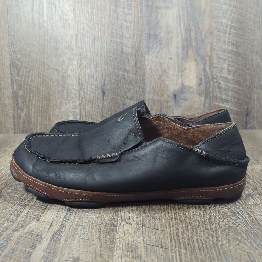 Olukai Moloa Shoes Men's Size 10.5 Black Leather Comfort Casual Loafers Moc - Picture 6 of 13